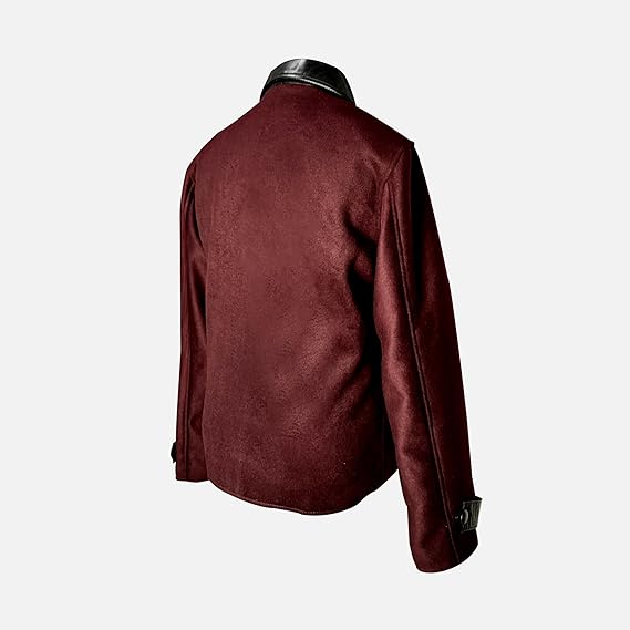 Men's Red Wine Wool Jacket - Men’s Plaid Coat Leather Collar Wool Blend