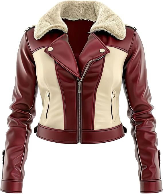 Women's Beige and Maroon Sheepskin Leather Aviator Jacket with Sherpa Collar - Zip-Up Pilot Style