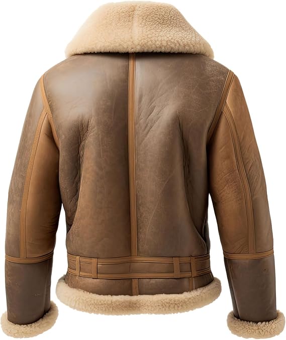 Men's B3 Beige Khaki Sheepskin Sherpa Bomber Jacket with Faux Fur Collar