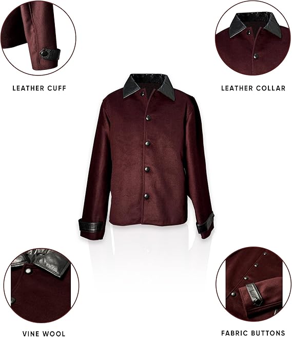 Men's Red Wine Wool Jacket - Men’s Plaid Coat Leather Collar Wool Blend