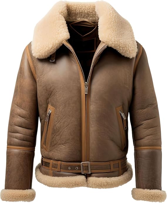 Men's B3 Beige Khaki Sheepskin Sherpa Bomber Jacket with Faux Fur Collar