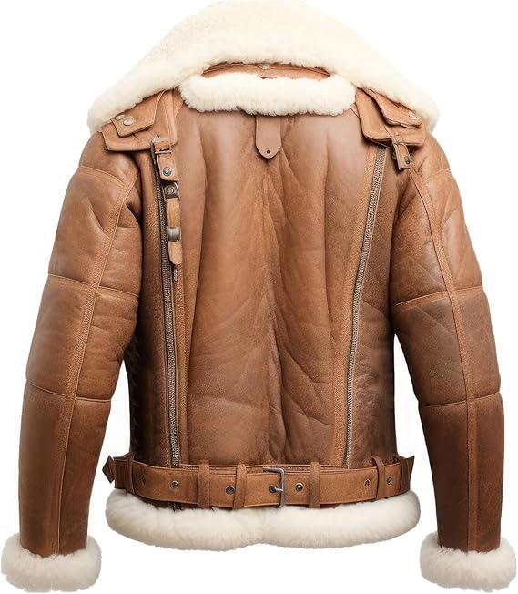 Men’s Distressed Brown Genuine Sheepskin Sherpa Shearling Aviator B3 Bomber Jacket with Multizipper Design