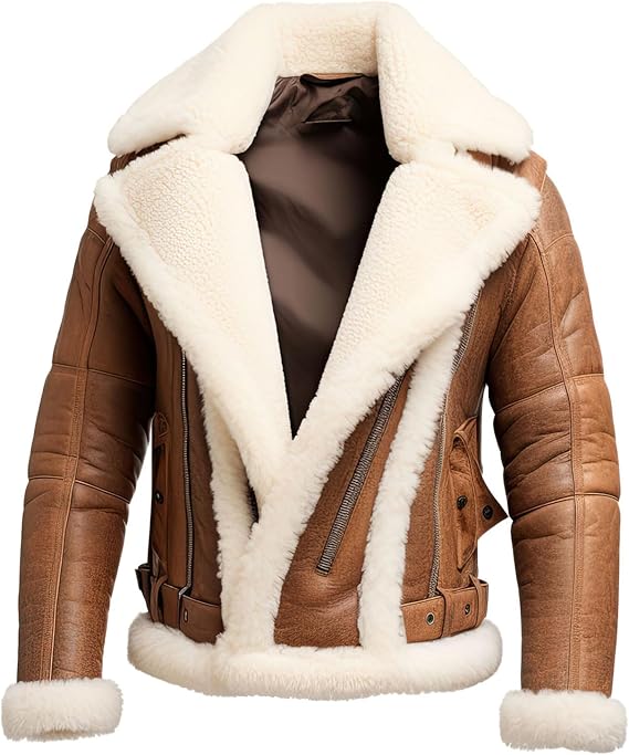 Men’s Distressed Brown Genuine Sheepskin Sherpa Shearling Aviator B3 Bomber Jacket with Multizipper Design