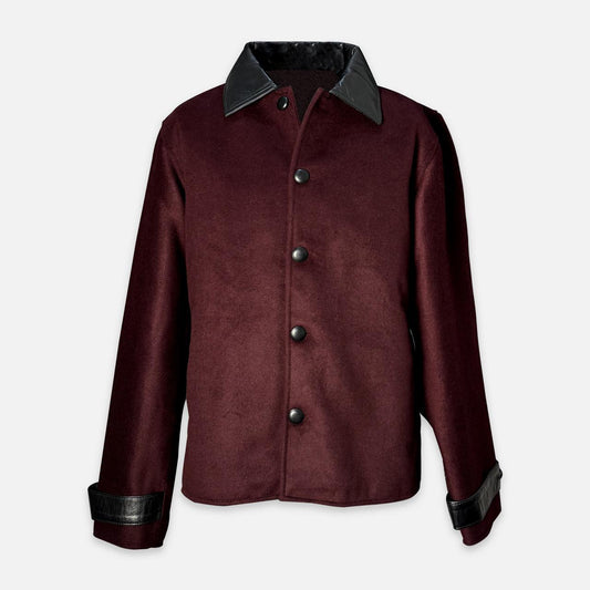 Men's Red Wine Wool Jacket - Men’s Plaid Coat Leather Collar Wool Blend